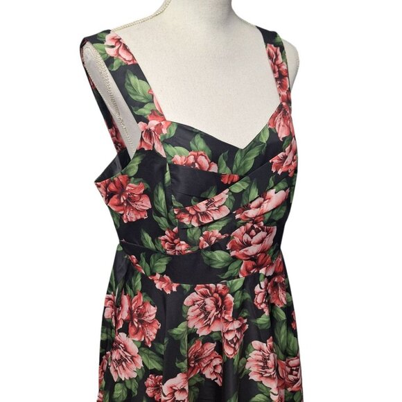 Papillon Rose Dress Womens Large Midi Tie Belt Waist Zip Back Pink Green Floral - Picture 14 of 15